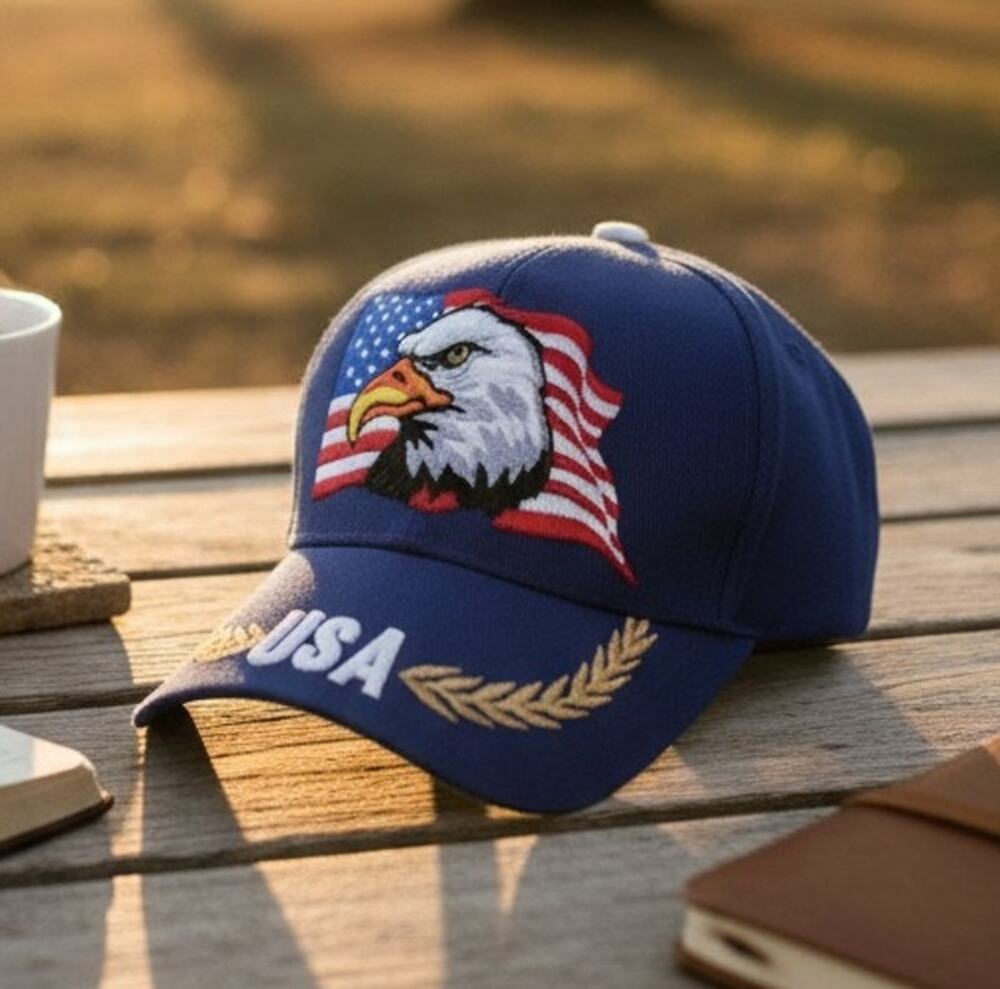 USA Bald Eagle American Flag Embroidered Blue Snapback Hat Adjustable Patriotic